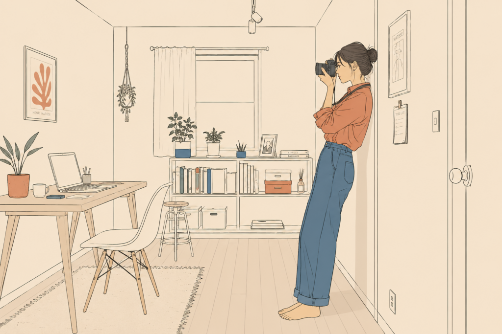 狭い部屋で壁際まで下がって撮影する女性