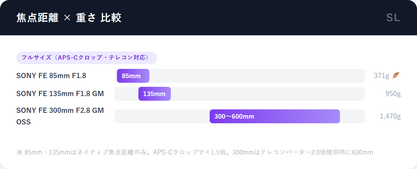 運動会向け単焦点レンズ 焦点距離・重さ比較チャート