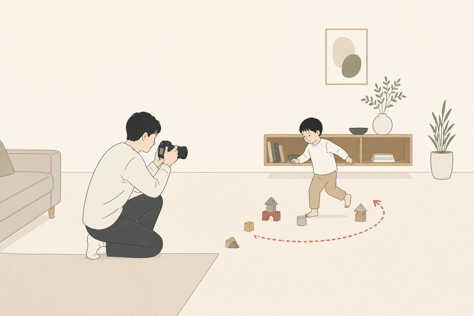 動く子どもに合わせてカメラ設定を変える保護者