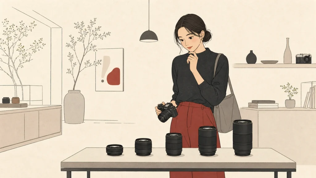 Canon RFマウント単焦点レンズ5本を比較する女性