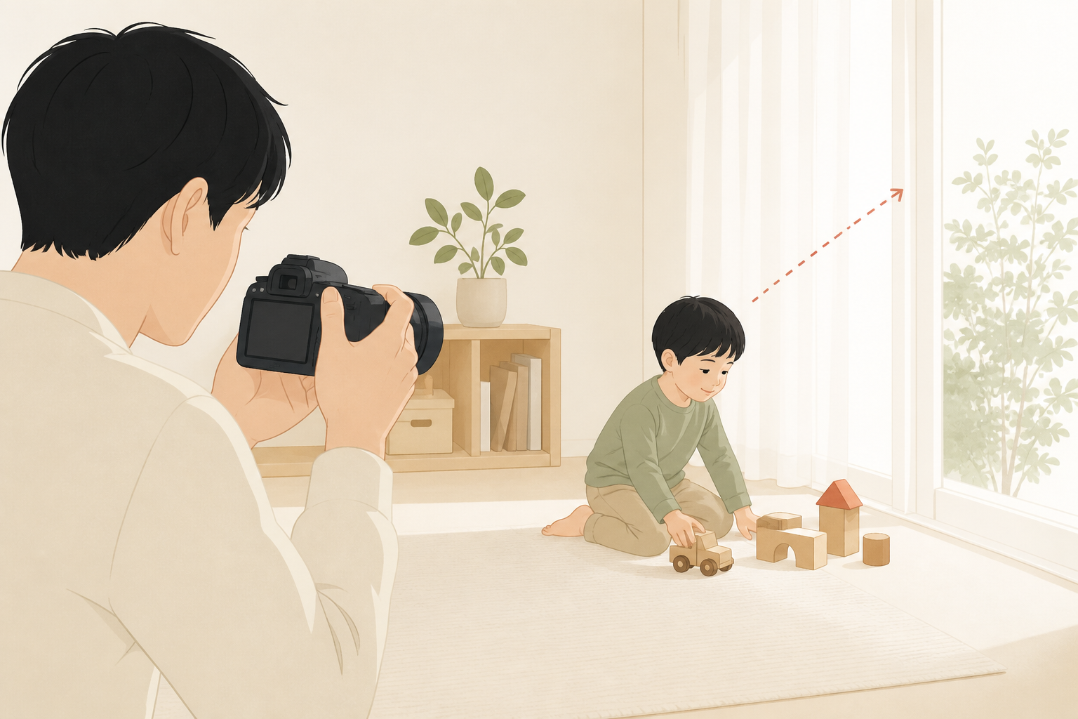 窓の光を使って室内の子どもを撮る様子
