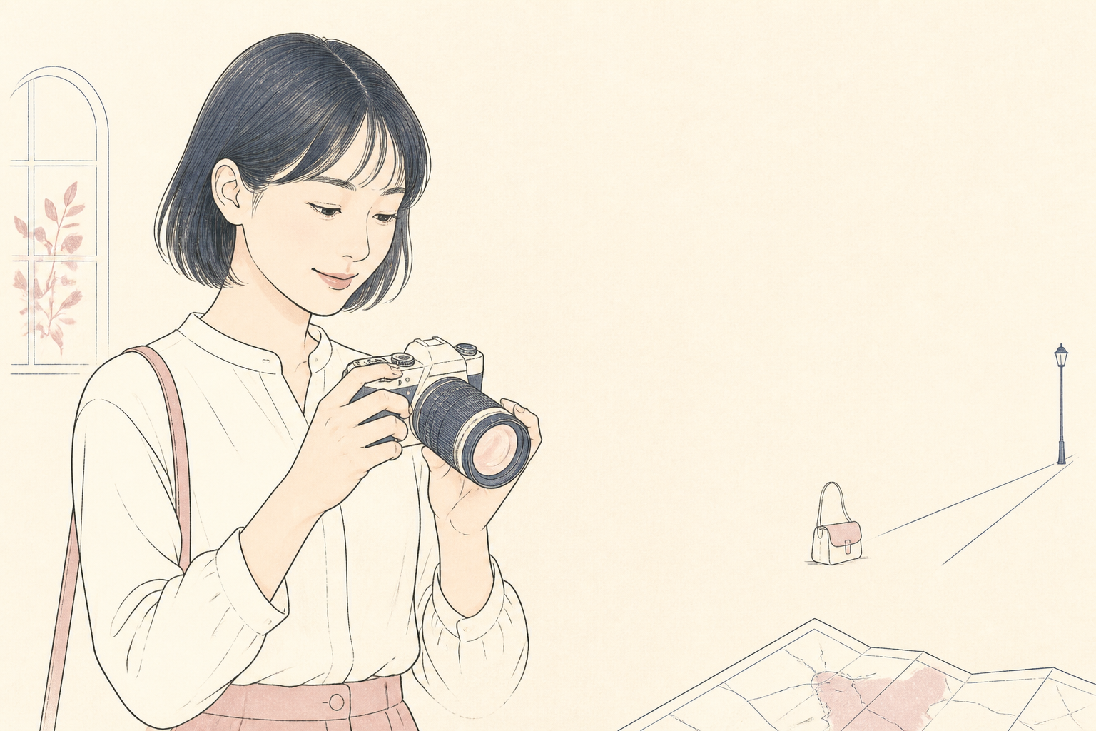 APS-C用高倍率ズームのズームリングを確認する若い女性