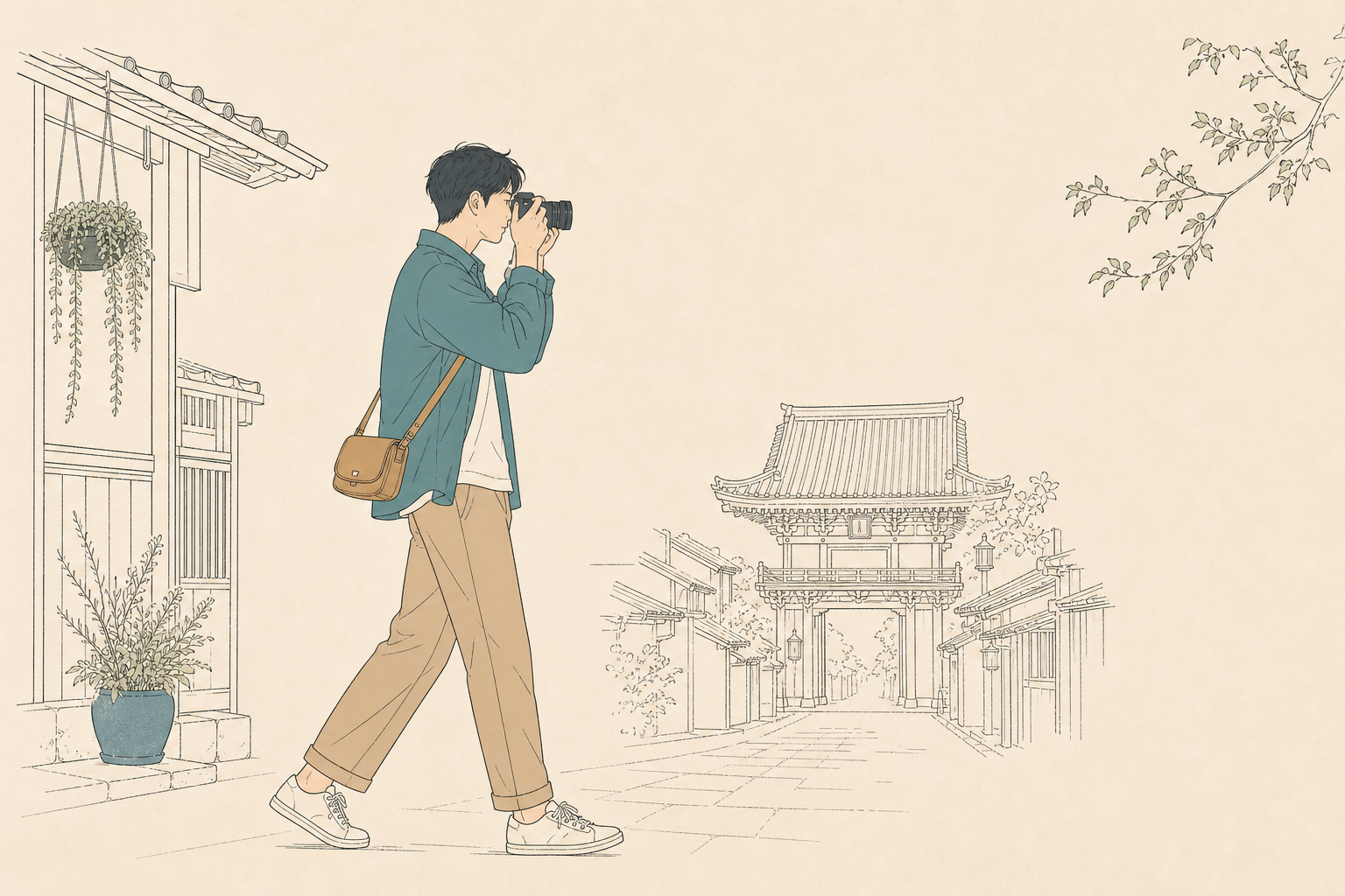高倍率ズーム1本で日本の街並みを撮り歩く若い男性