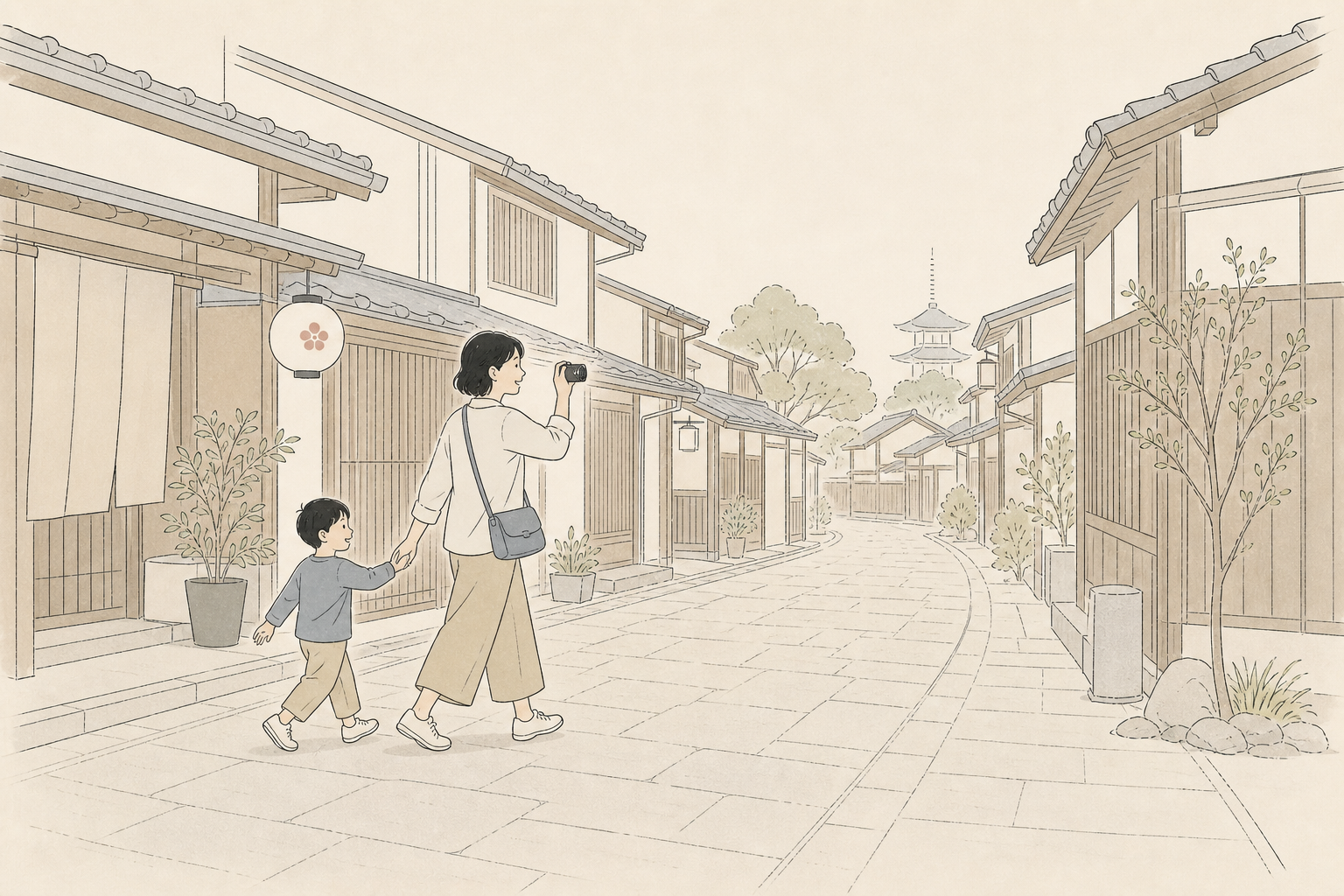 街歩きで子どもの手を引きながら片手でコンデジを使う親