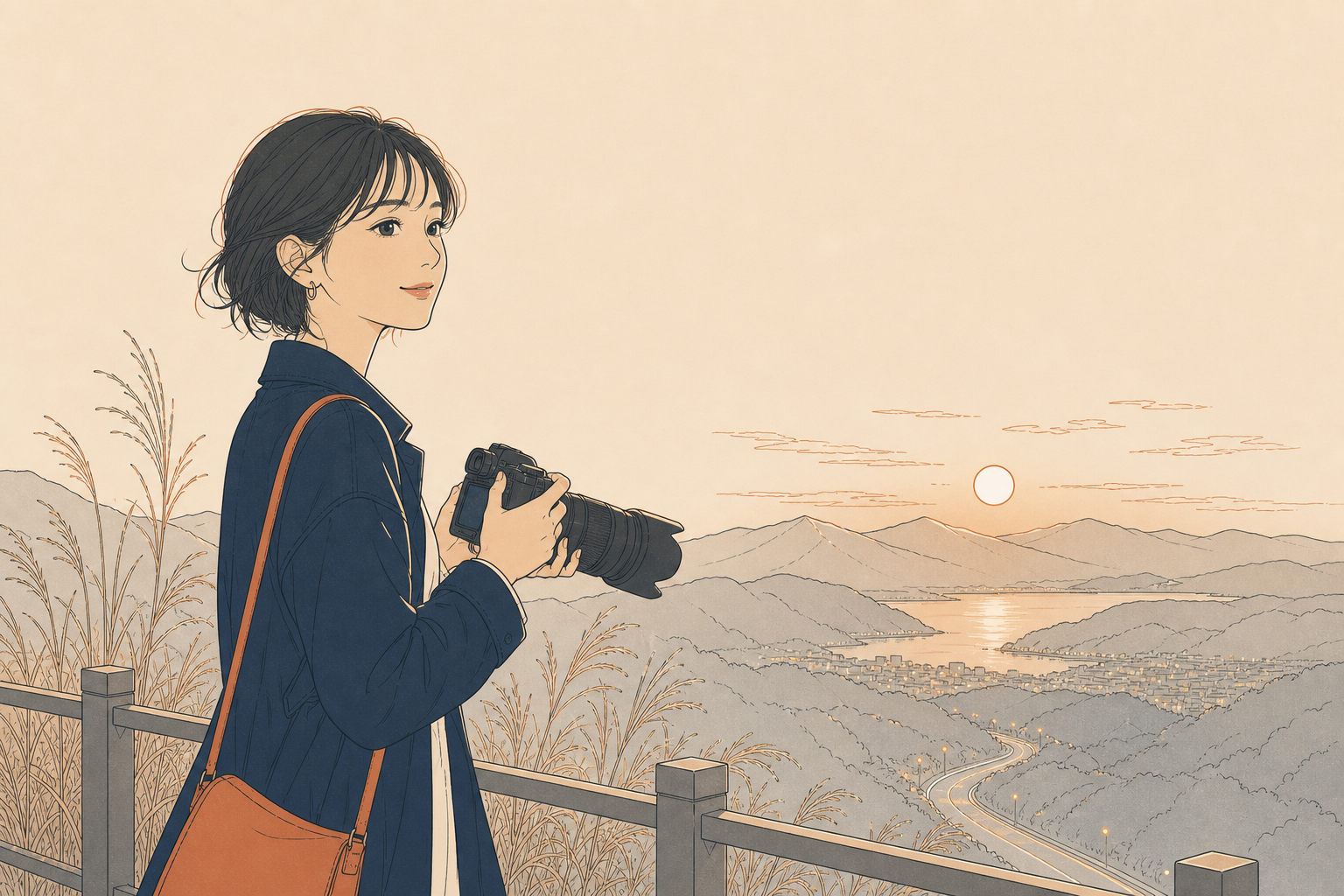 夕景を見ながら高倍率ズームを試す若い女性