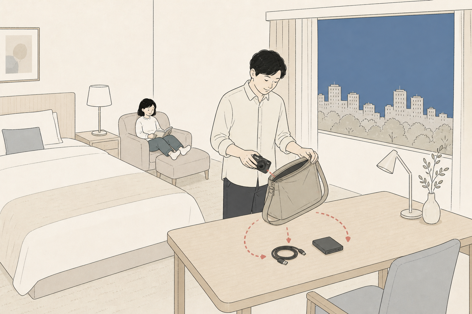 旅行前にカメラの重さと充電方法を確認する親