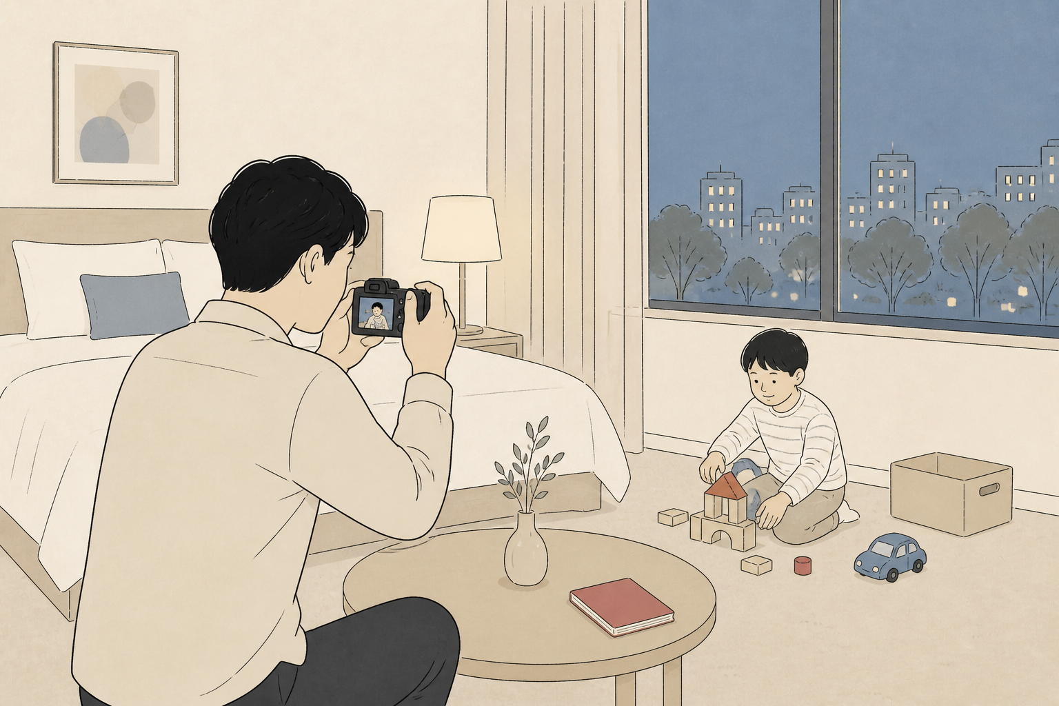 夕方のホテル室内で子どもをコンデジ撮影する親
