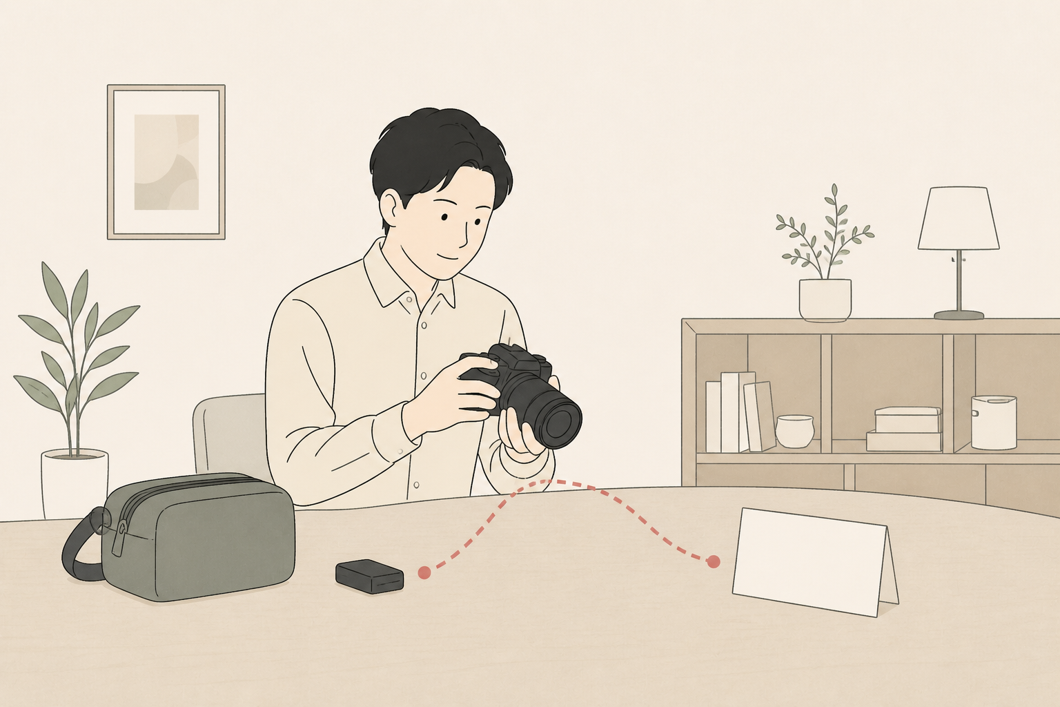 本番前に借りたカメラの電池と操作を確認する保護者