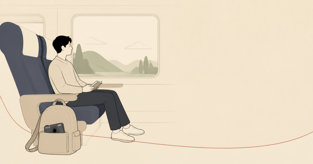修学旅行へ持っていくカメラと旅行バッグのイラスト