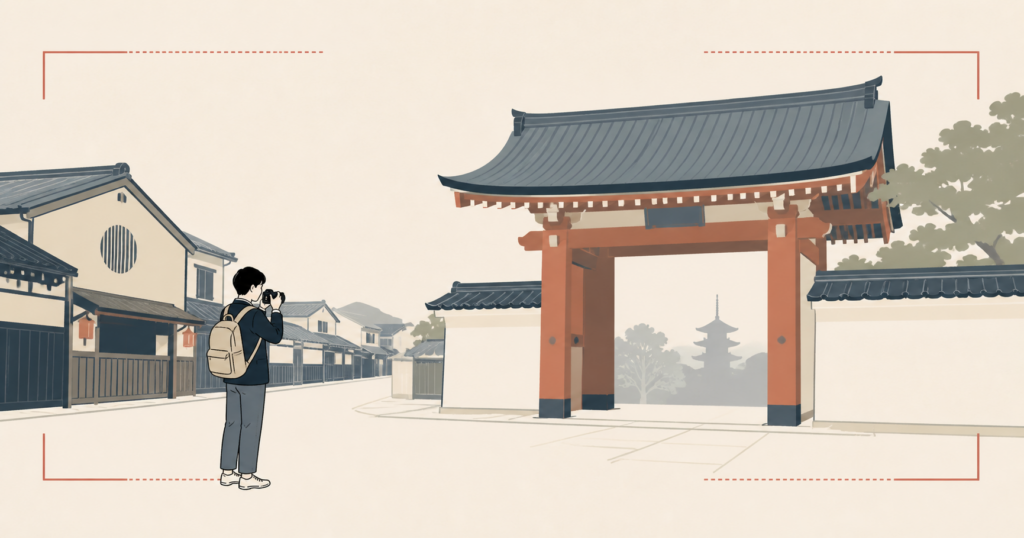 修学旅行先の風景をコンパクトカメラで撮影するイラスト