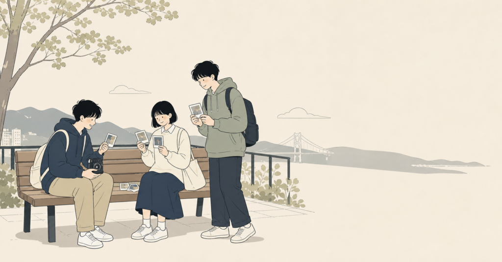 修学旅行で撮ったインスタント写真を友達と見せ合うイラスト