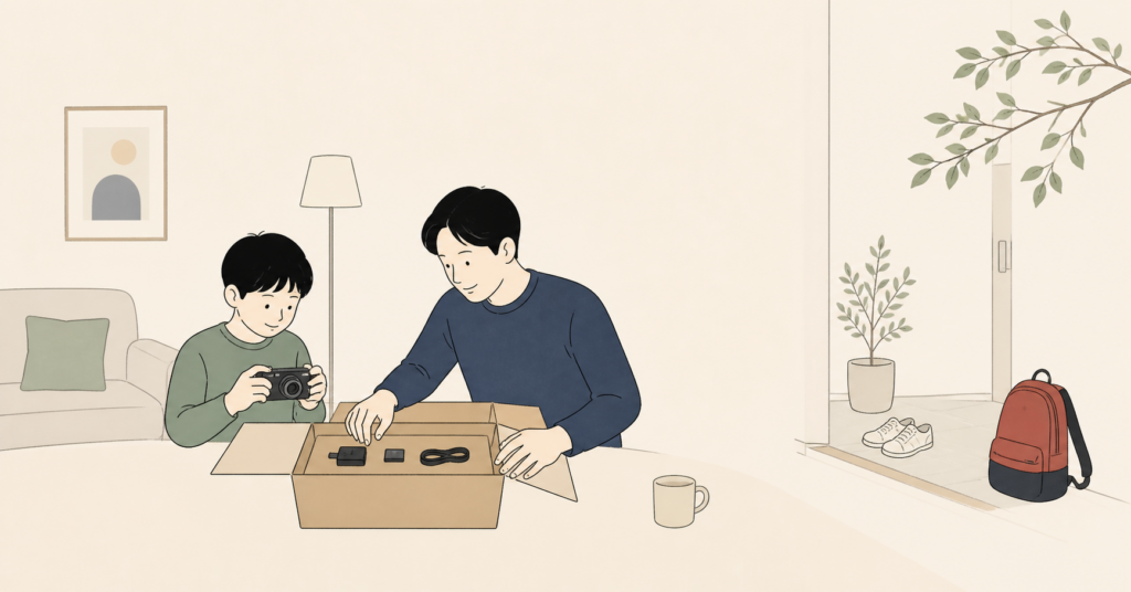 修学旅行用にレンタルしたカメラ一式を確認するイラスト