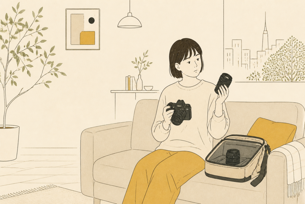 初心者がCanon RFレンズを選ぶためにカメラとレンズを確認する様子
