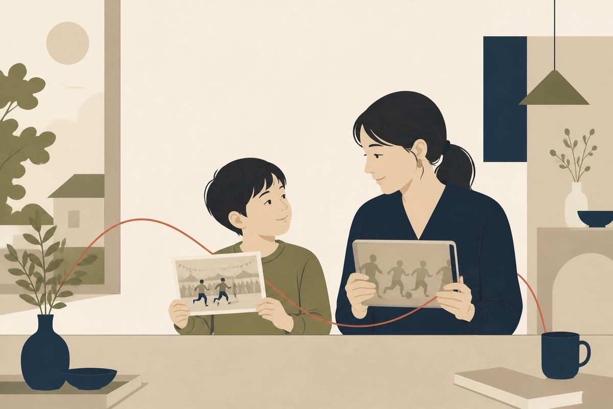 親子で行事の写真と動画を見ながら残し方を話すイラスト