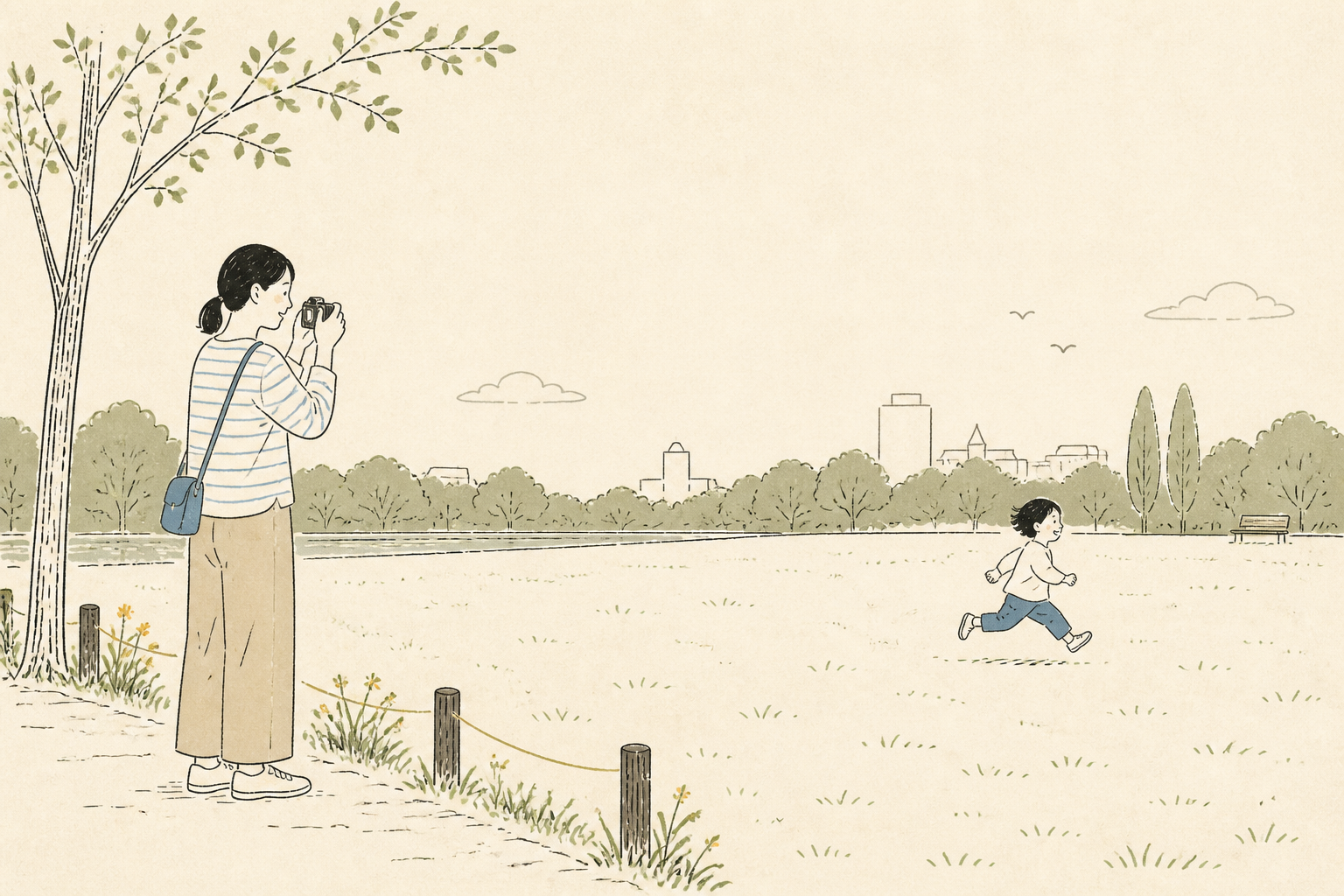 親が公園で走る子どもをコンデジで撮影する様子