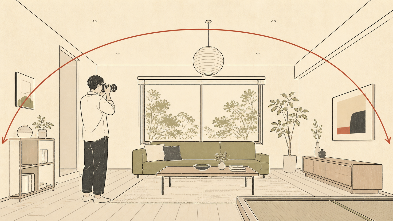 室内を広角単焦点レンズで撮影する人物と広い画角を示すイラスト