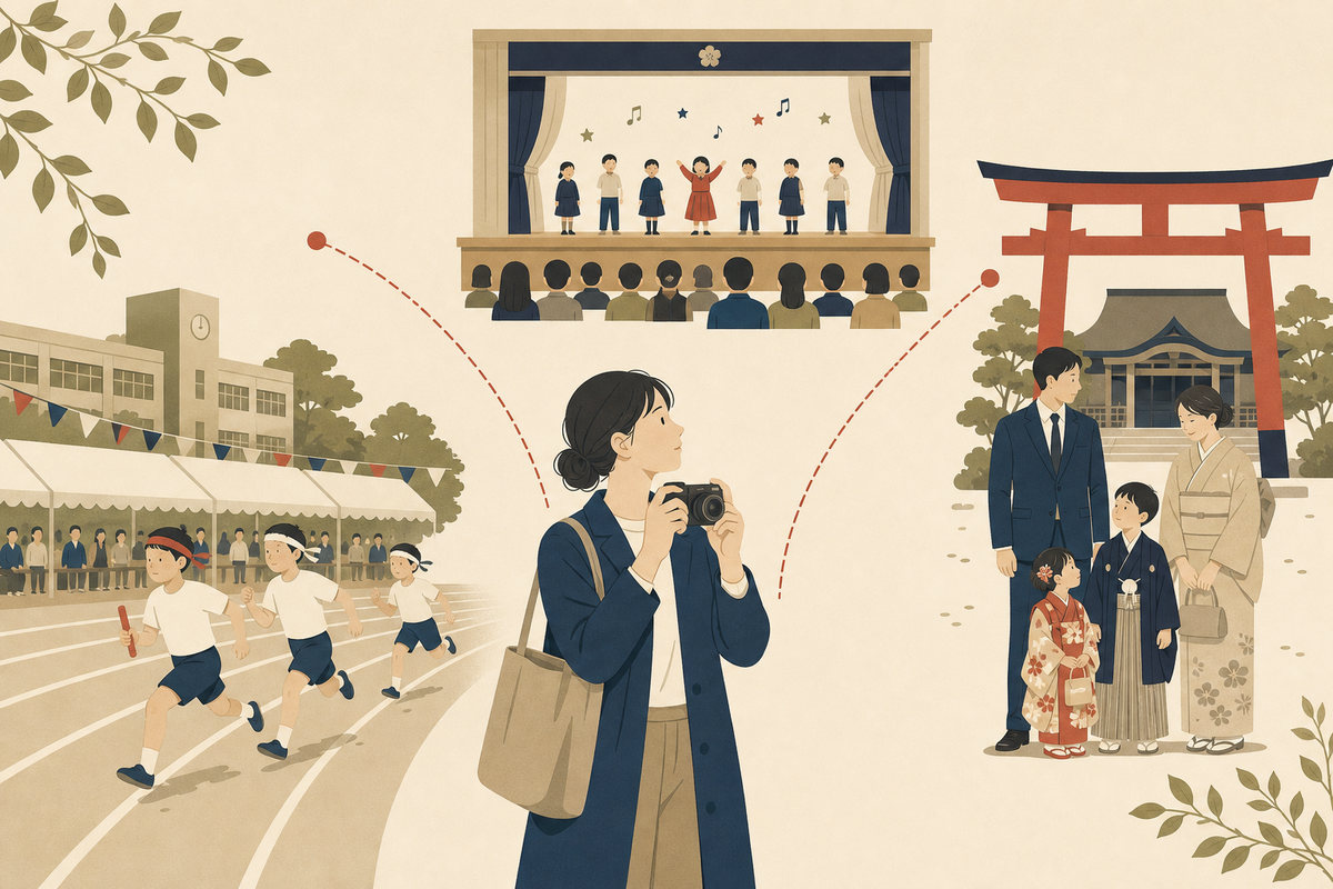 運動会と発表会と七五三で残し方を考える保護者のイラスト
