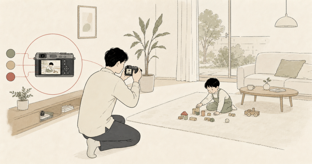 小型カメラの色設定を使ってリビングで遊ぶ子どもを撮る親