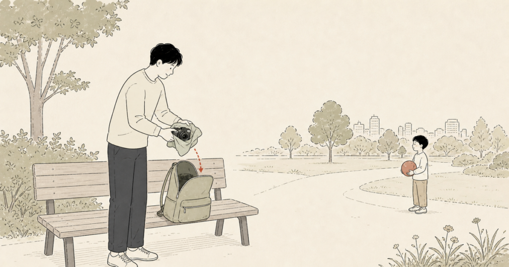 普段使いのリュックへ小型カメラを収納して子どもと出かける親