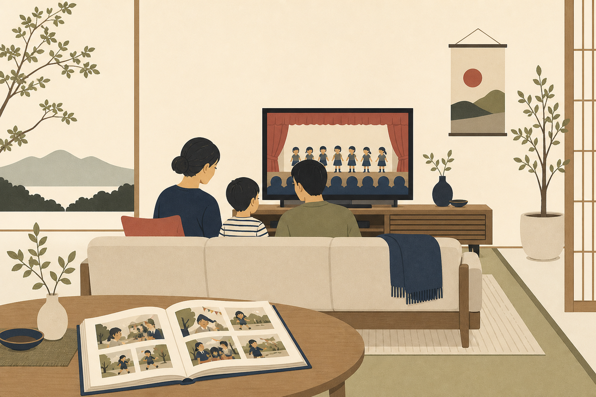 家族で行事の動画と写真アルバムを見返すイラスト