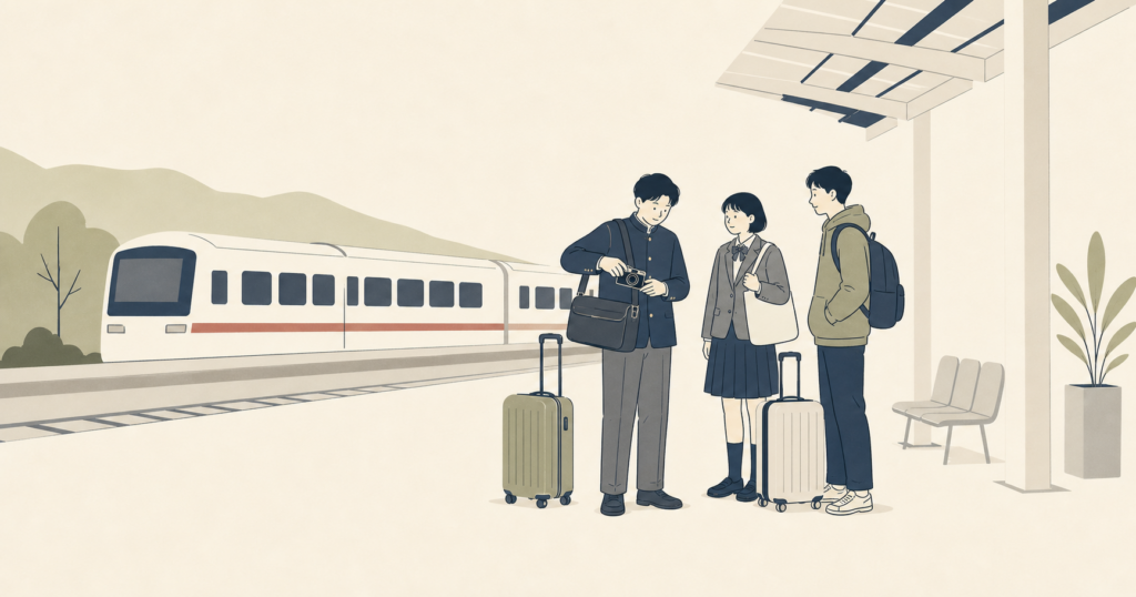 修学旅行でコンパクトカメラを持ち歩く学生たちのイラスト