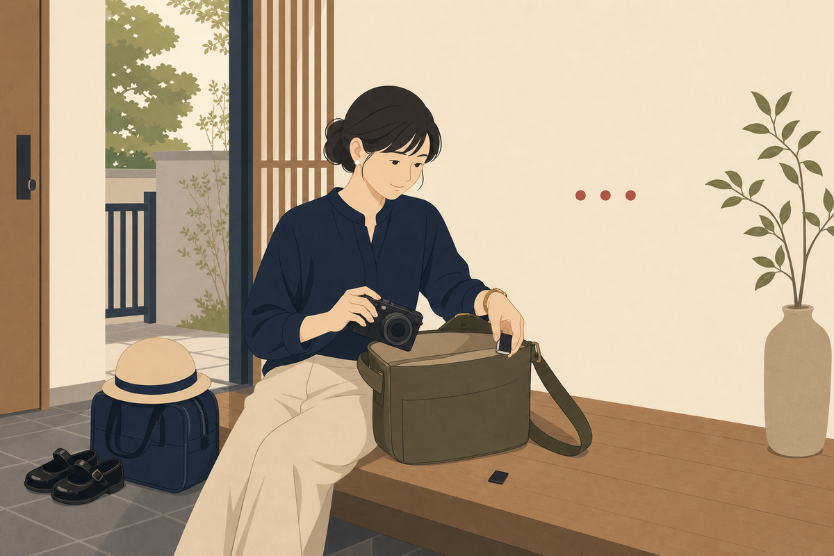 行事前にバッテリーと記録メディアを確認する保護者のイラスト