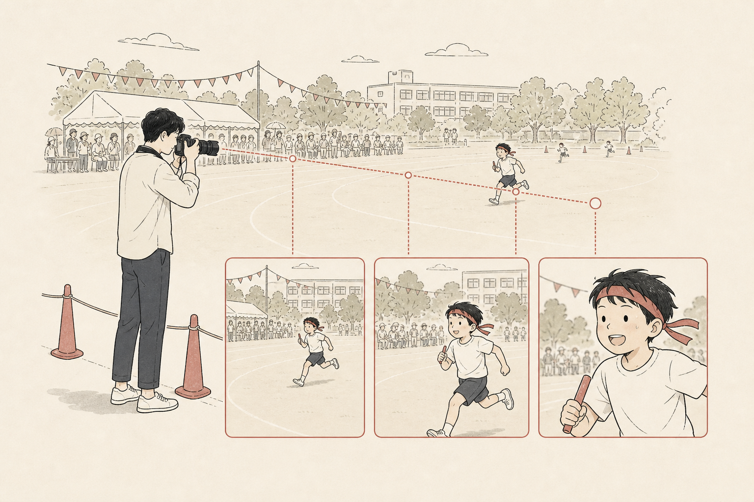 望遠レンズの焦点距離で子どもの写る大きさが変わるイラスト