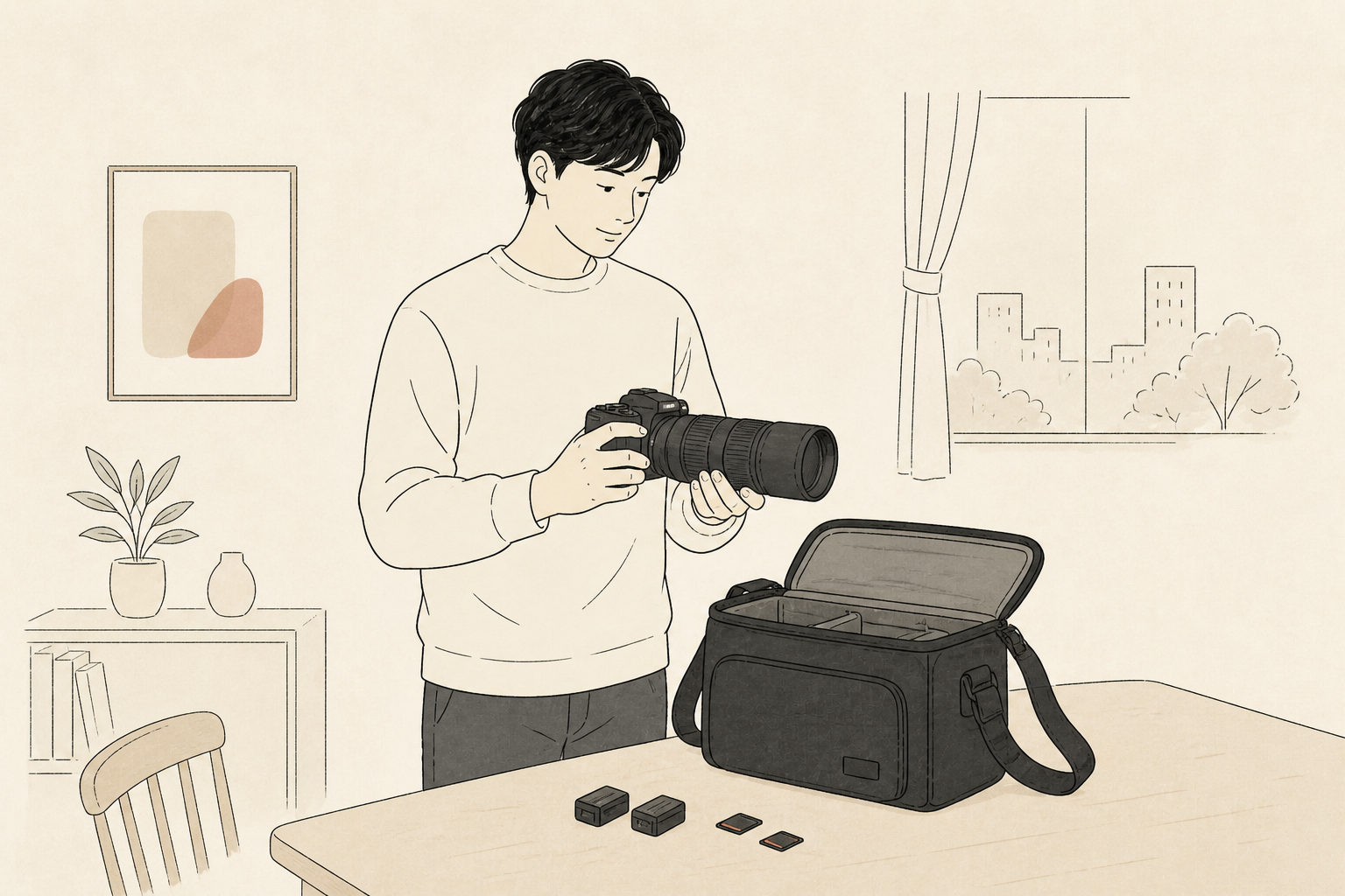 SONYフルサイズと望遠レンズを前日に準備する様子