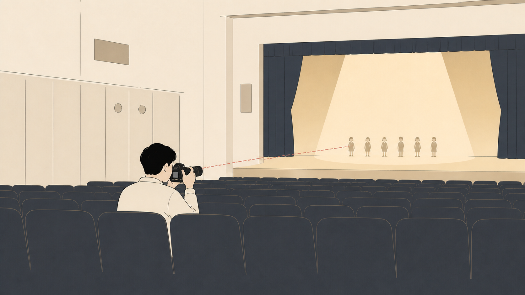 発表会会場の後方席からカメラで舞台を撮る保護者の統一イラスト