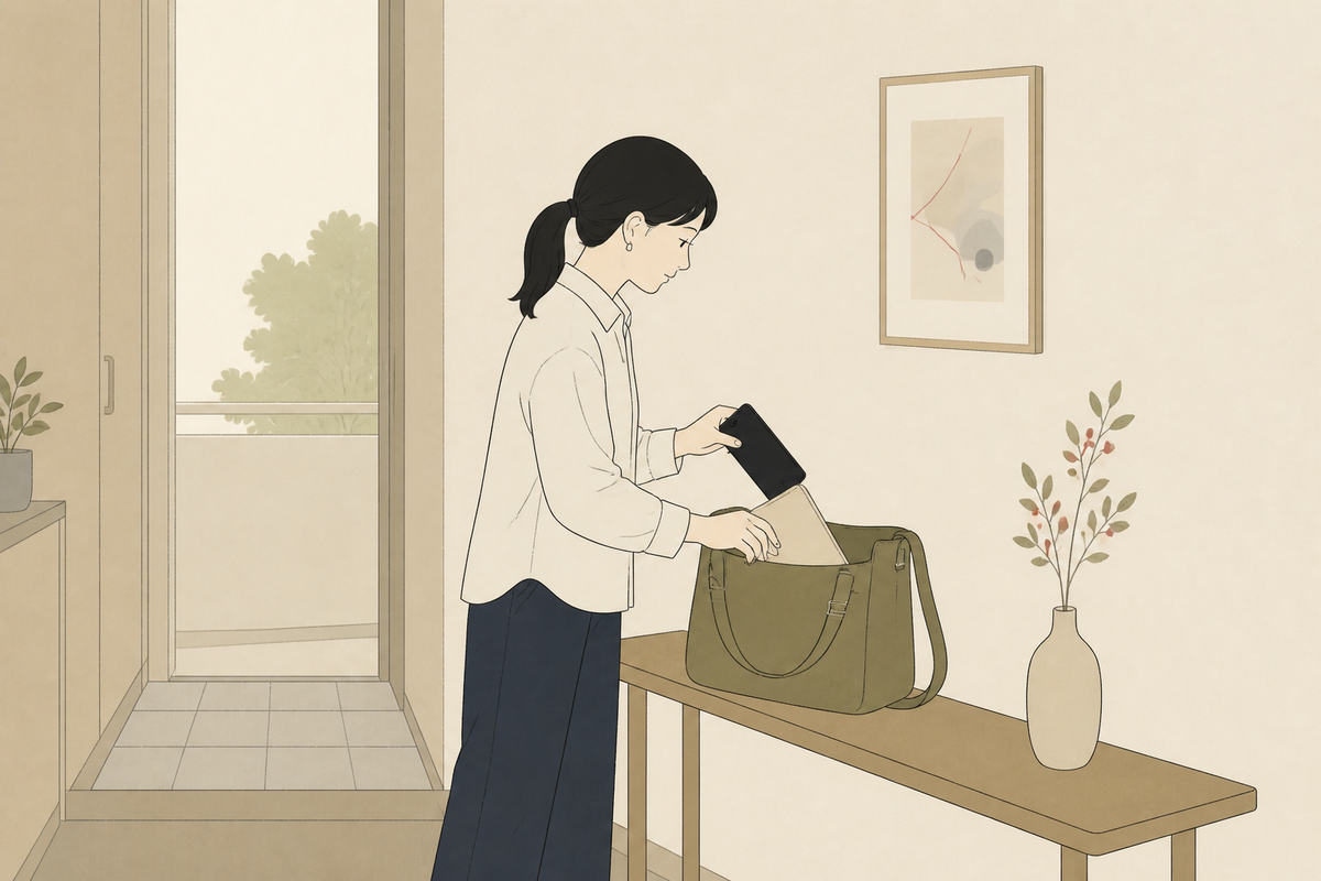 スマホとモバイルバッテリーと会場案内を準備する保護者