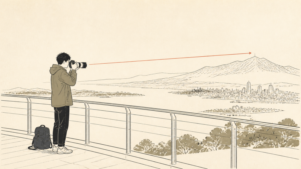 展望台で高倍率ズームレンズを使って遠景を撮る人物のイラスト