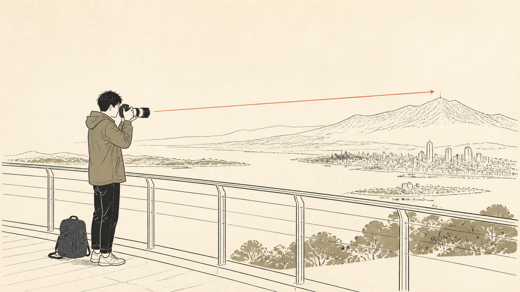 展望台で高倍率ズームレンズを使って遠景を撮る人物のイラスト