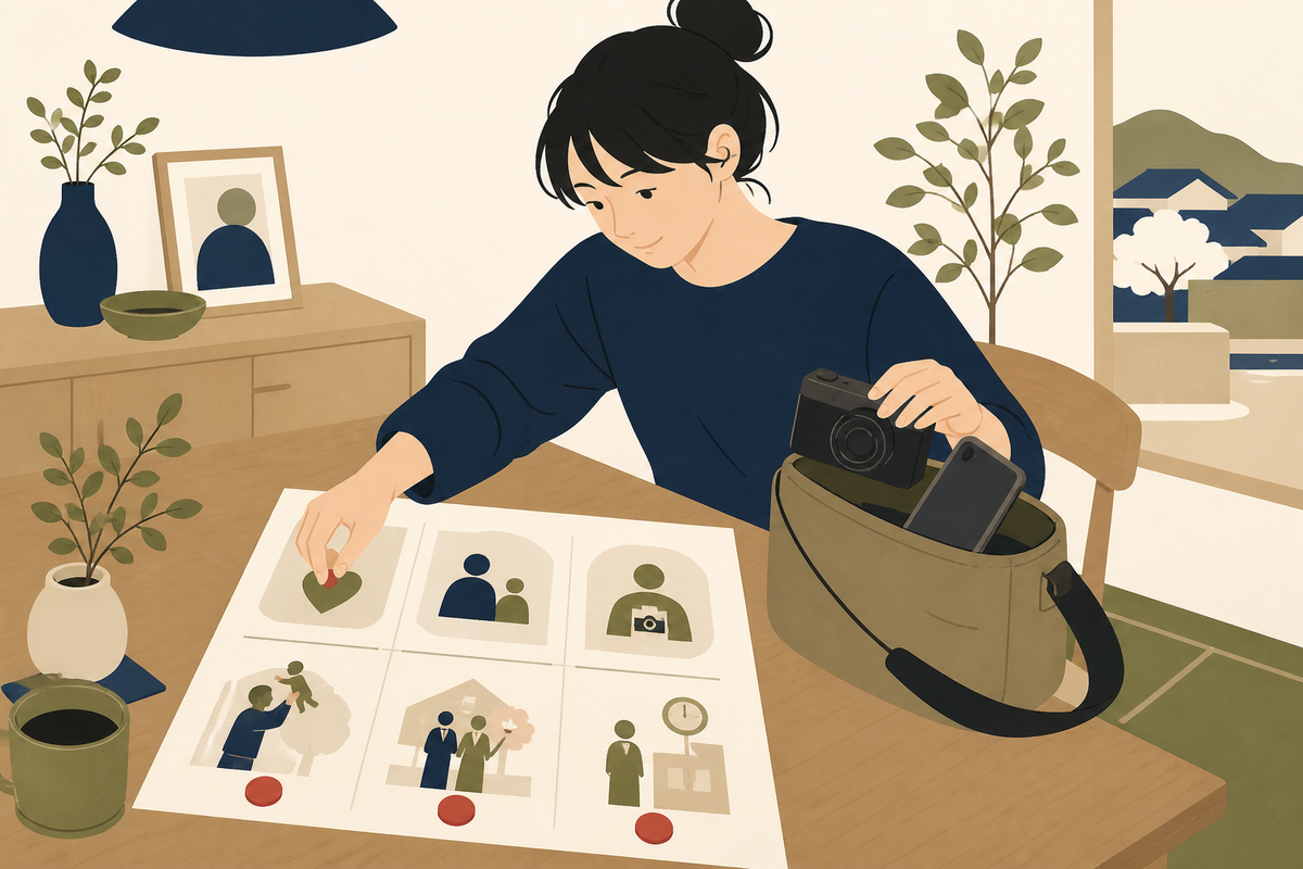 行事で残す3シーンを決めて撮影機材を準備する保護者のイラスト
