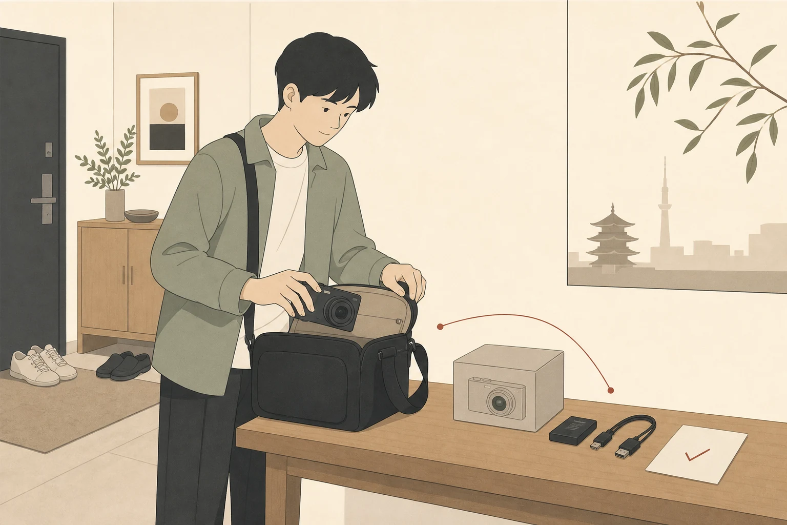 新品コンデジの保証と持ち歩きやすさを確認する人物