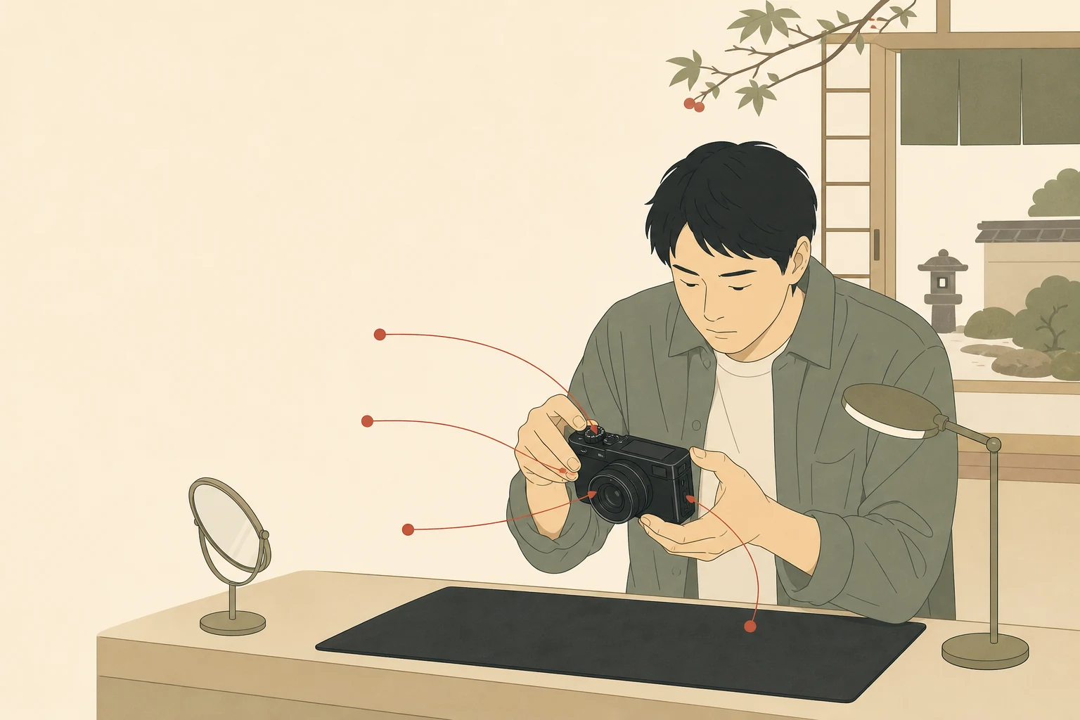 中古高級コンデジのレンズと操作部を確認する様子