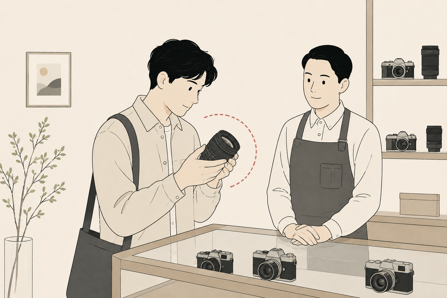 中古カメラ店でオールドレンズの状態を確認する様子