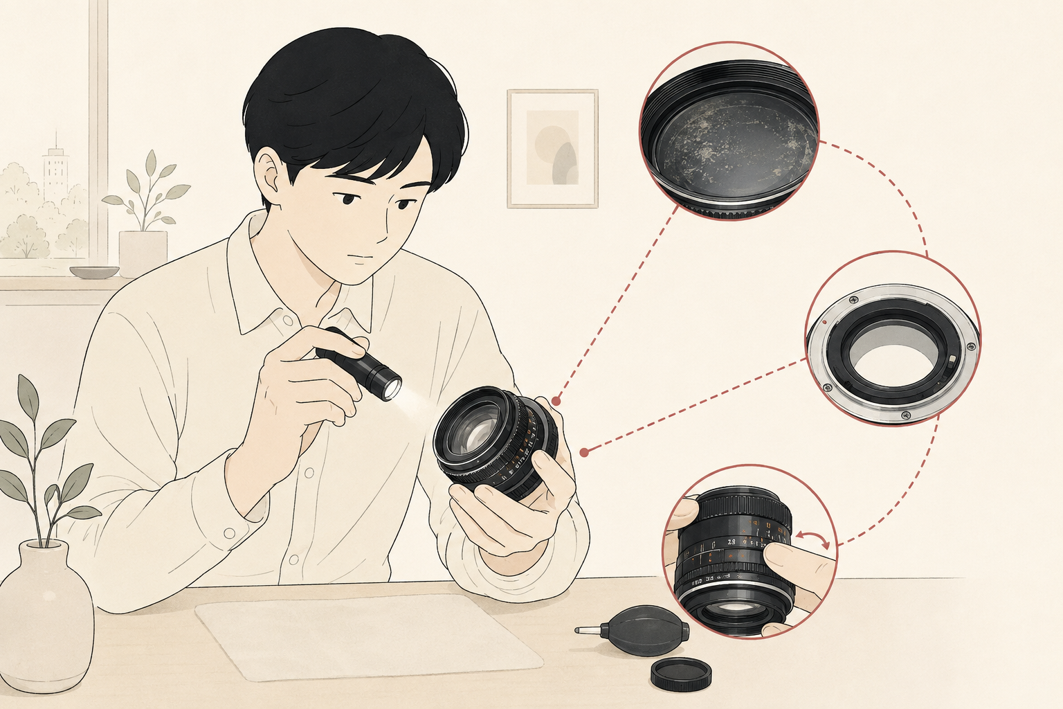 オールドレンズの光学系・マウント・操作を確認するイラスト