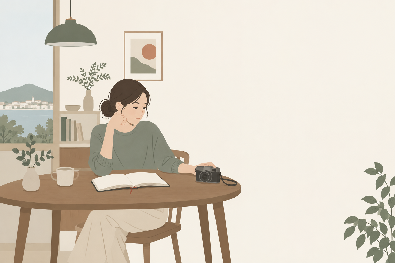 撮りたい場面をノートで整理し、手持ちのカメラで試す準備をする人のイラスト