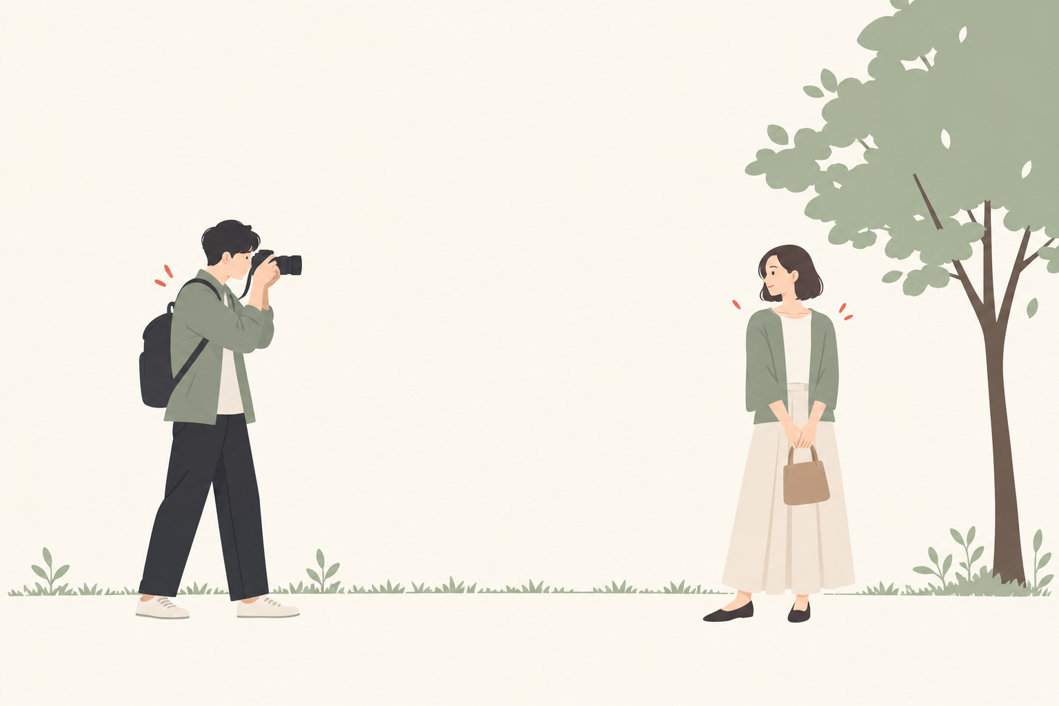 公園で人物の表情を切り取る撮影者のイラスト
