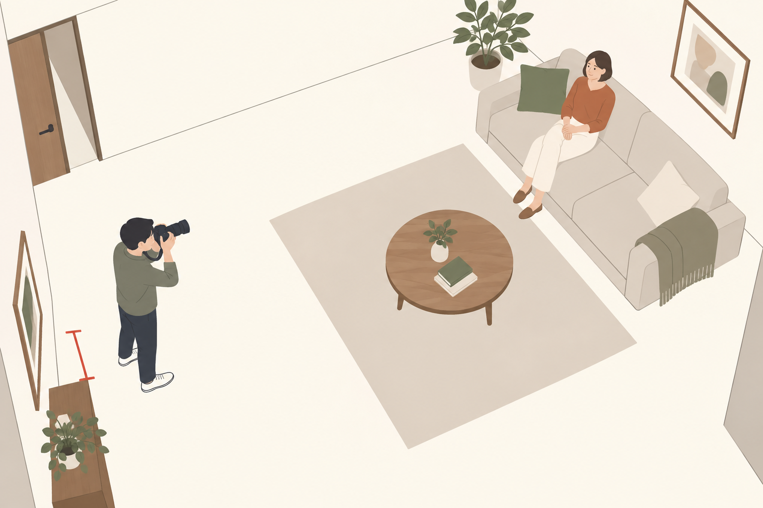 室内で画面に入れたい範囲と後ろの壁を確認する撮影者のイラスト