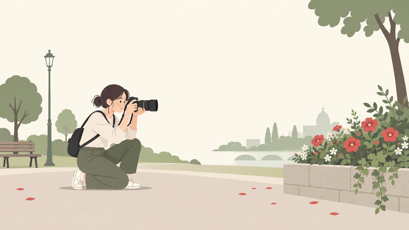花を撮る前に低い位置から背景との重なりを確かめる撮影者のイラスト