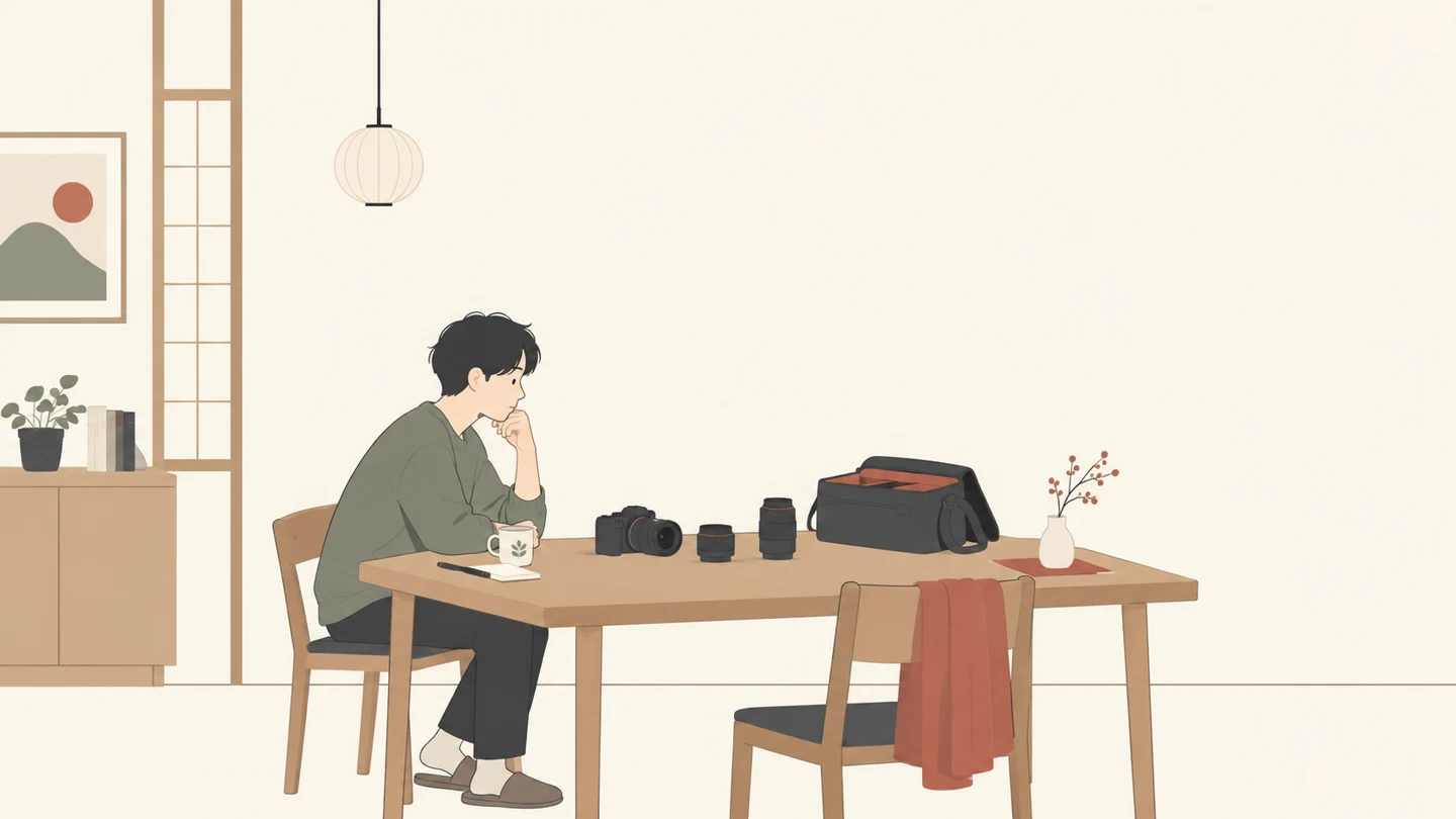 家でキットレンズ付きカメラと追加レンズを検討する人のイラスト