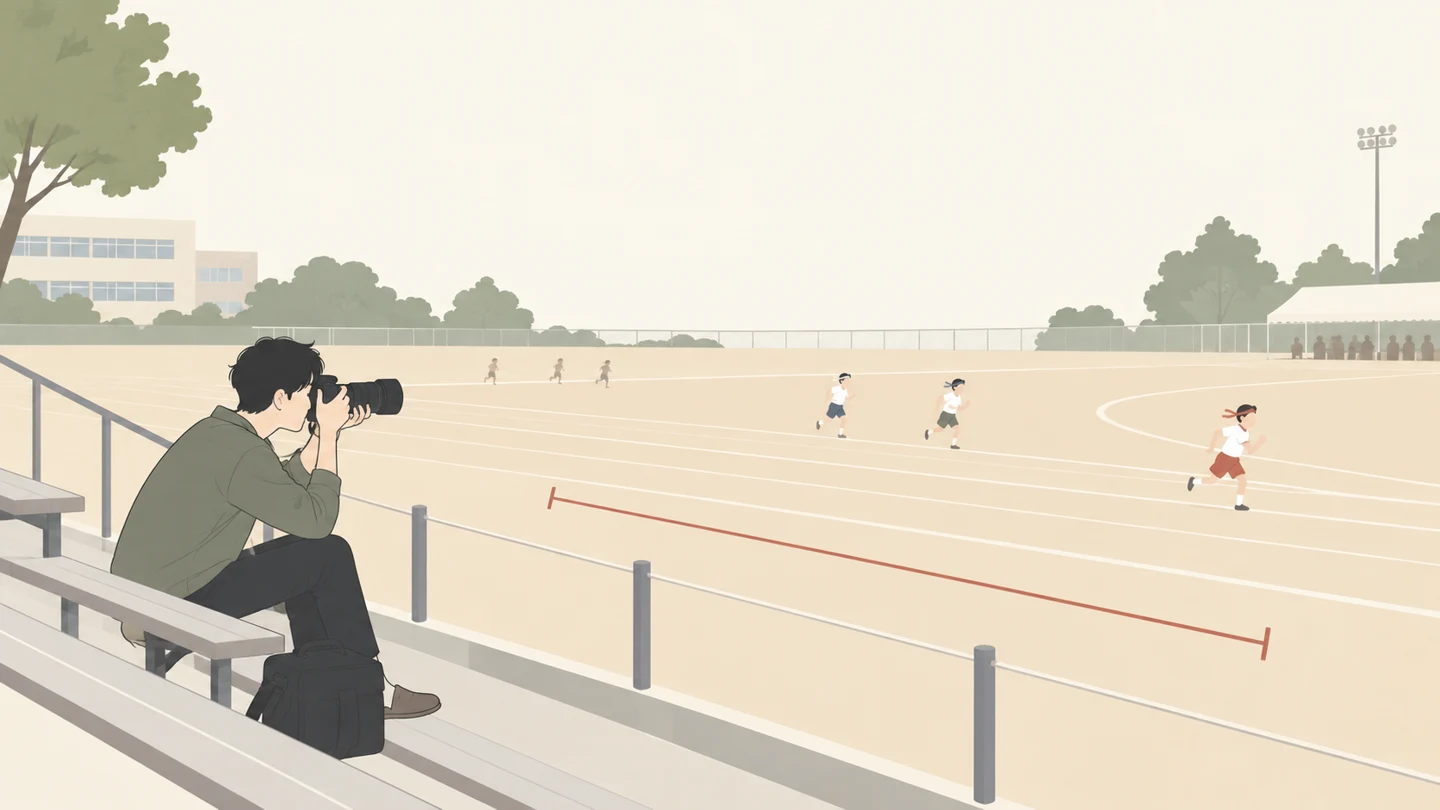 運動会の観客席から望遠ズームを構えて撮影する人のイラスト