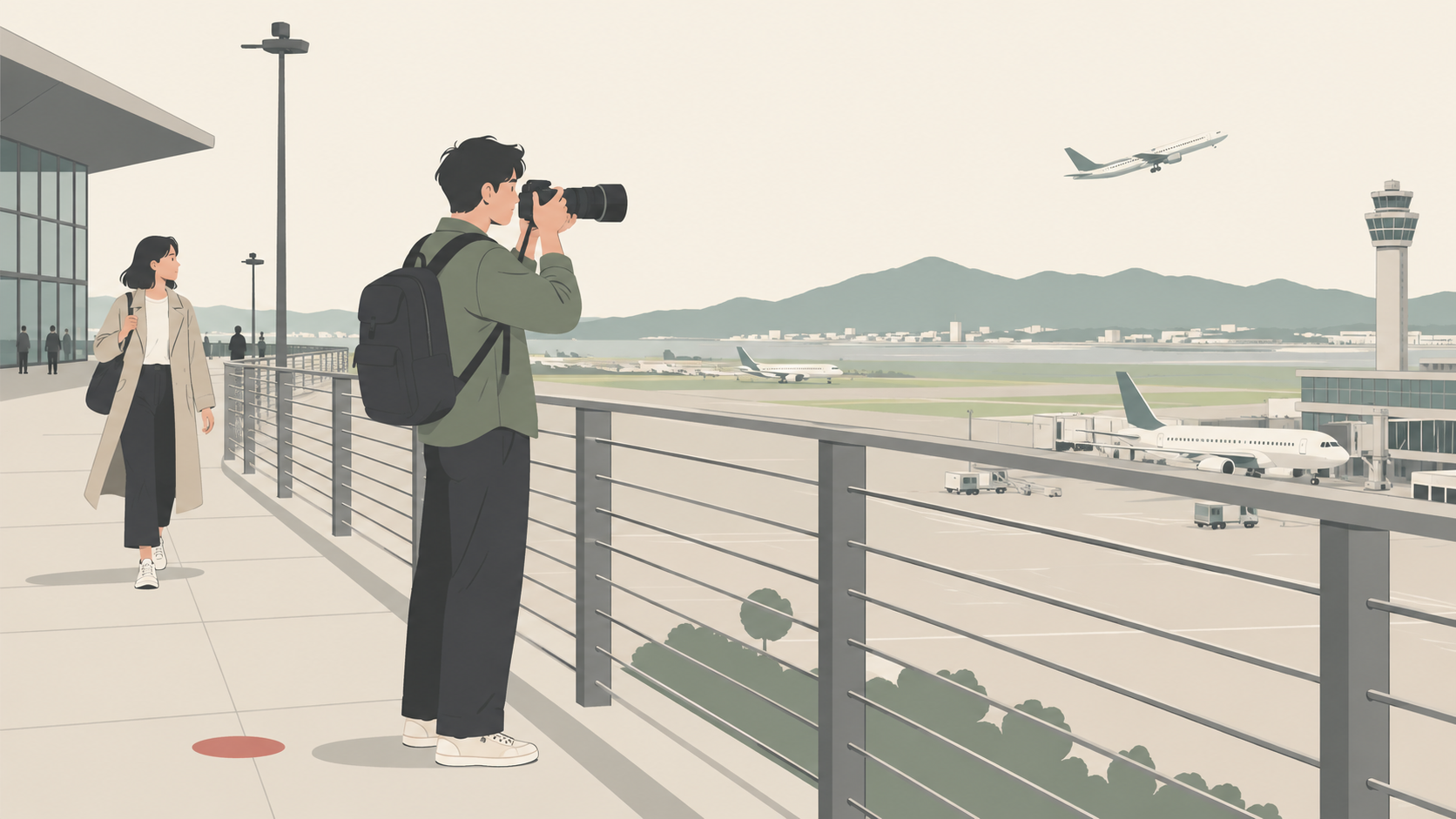 通路を空けて展望デッキの柵の内側から撮影するイラスト