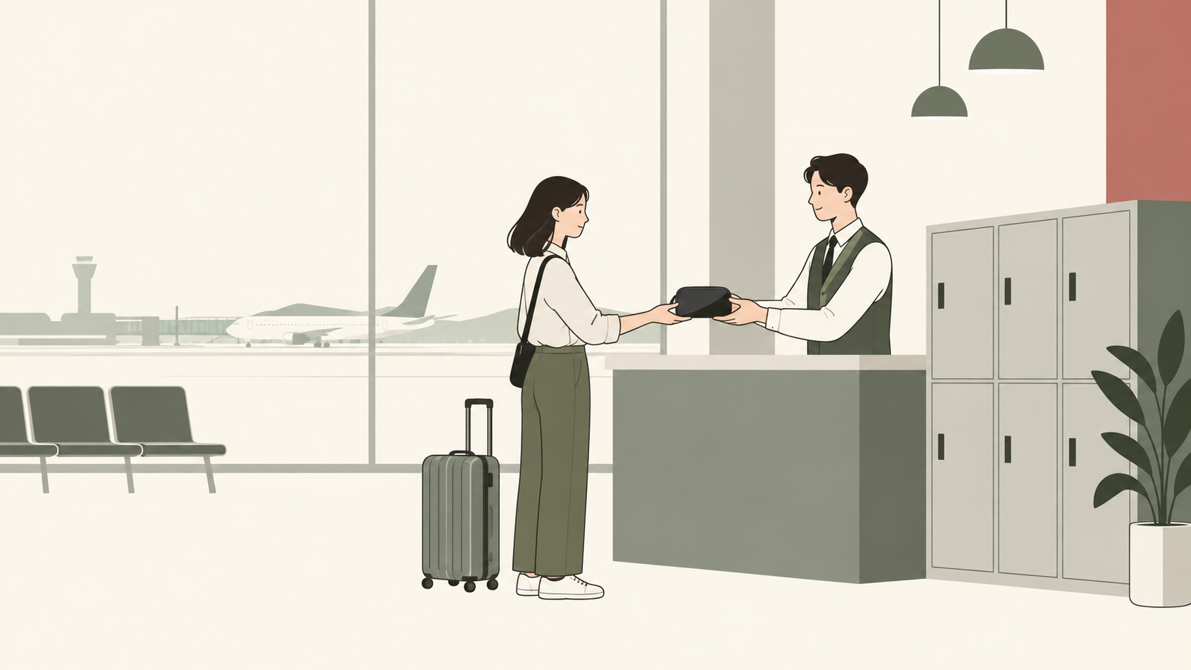 空港カウンターでカメラを受け取る旅行者と予約用ロッカーのイラスト