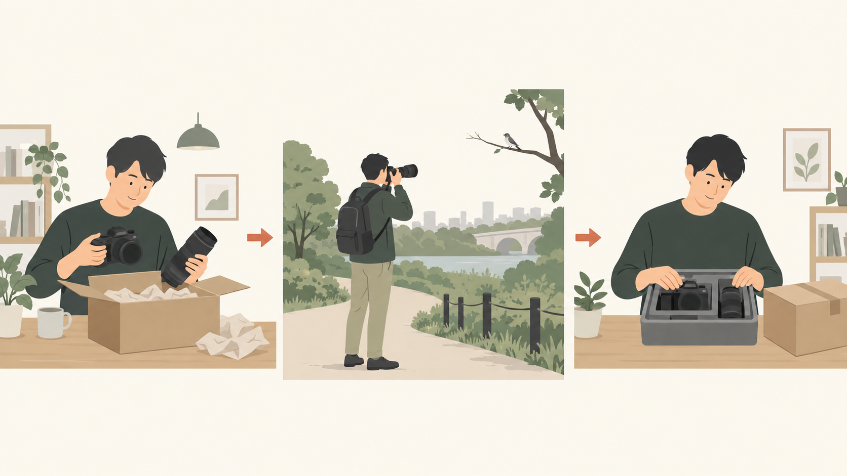 自宅で機材を確認し、公園で練習して返却するまでの流れを示すイラスト