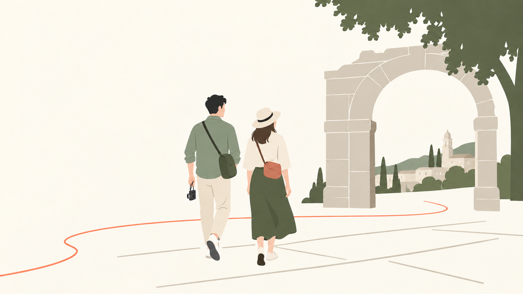 カメラを手に身軽に街歩きを楽しむ旅行者のイラスト