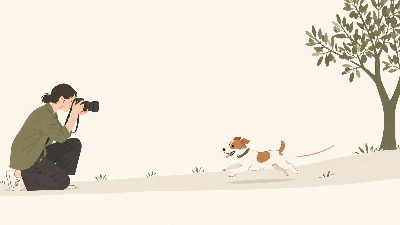 公園で動く犬にカメラを向けるイラスト
