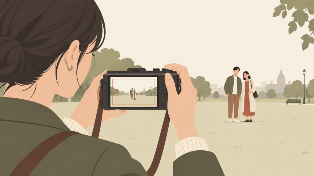 カメラの画面で二人を中央寄りに配置し周囲の余白を確認するイラスト