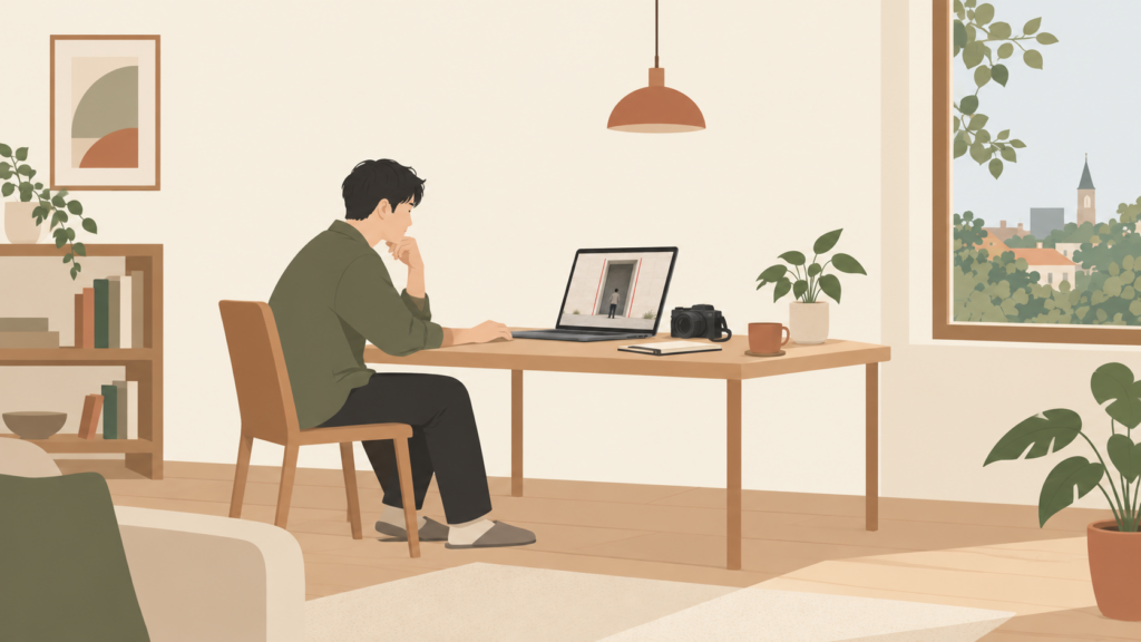 写真の背景にある直線をパソコン画面で確認する人のイラスト